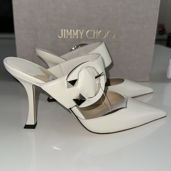Jimmy Choo Shoes - Jimmy Choo Ivory Pointed-Toe Leather Mules with Decorative Buckle